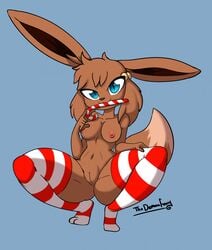 1girls abs anthro anthrofied areolae belly big_ears blue_background blue_eyes breasts brown_fur brown_hair candy candy_cane candy_cane_in_mouth canine clothes clothing eevee eeveelution feet female female_only food fur furry hair hair_ornament large_ass legwear long_ears looking_at_viewer mammal mouth_hold navel nintendo nipples nude original_character pokémon_(species) pokemon pokemon_rgby pokemorph presenting presenting_pussy pussy red_thighhighs simple_background smile solo spread_legs spreading squatting stockings striped_thighhighs tail text thedemonfoxy thick_thighs thighhighs thin_waist twintails video_games watermark wide_hips