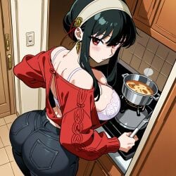 ai_generated black_hair breasts cooking curvaceous_figure female home indoors kitchen large_ass large_breasts looking_at_viewer looking_back_at_viewer pulling_clothing pumpkin1075 solo_female spy_x_family voluptuous white_bra yor_briar yor_forger