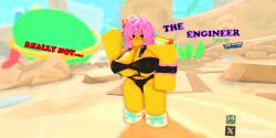 1girls 3d 3d_(artwork) 3d_model background beach beach_engineer belly big_breasts bikini bikini_bottom bikini_top blush engineer_(tds) female girl glasses glasses_on_head ktiiejiju_(artist) nipples orange_body pink_hair pose roblox roblox_game robloxian self_upload shoes tagme tower_defense_simulator watermark