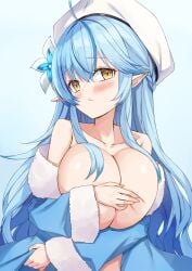 :< blush closed_mouth drunk embarrassed exposed_breasts hand_bra hololive huge_breasts kosuke_(bb) looking_at_viewer looking_to_the_side shy upper_body virtual_youtuber yukihana_lamy
