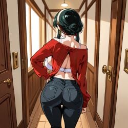 ai_generated black_hair breasts curvaceous_figure female hand_on_thigh home indoors large_ass large_breasts open_clothes pumpkin1075 solo_female spy_x_family voluptuous white_bra yor_briar yor_forger