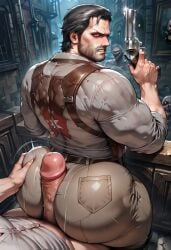 ai_generated angry annoyed ass assjob bara big_ass big_ass_(male) big_butt bubble_ass bubble_butt buttjob buttjob_over_clothes dubious_consent dudebooty17 gay gun male male_only multiple_monsters revolver sebastian_castellanos the_evil_within weapon yaoi zombie