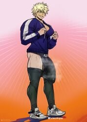 1boy blonde_hair grin hair hoodie hyper_bulge hyper_penis jockstrap male male_only muscular muscular_male nike pose sneakers socks solo thigh_highs thighhighs vikifox_(artist)