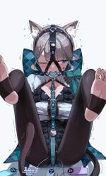 animal_ear_fluff animal_ears ball_gag bilingual_commentary black_leotard black_pantyhose bondage breasts cat_ears cat_girl cat_tail commentary drooling english_commentary female gag gag_harness gagged genshin_impact grey_hair highres legs_up leotard liclac lynette_(genshin_impact) mixed-language_commentary no_shoes one_eye_closed pantyhose purple_eyes saliva sex_toy short_hair simple_background small_breasts solo star_sticker stirrup_legwear tail teeth toeless_legwear toes trembling vibrator vibrator_under_clothes white_background
