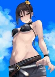 absurd_res belt bikini_top black_eyes black_hair blue_sky blush choker cleft_of_venus clenched_teeth female fullmetal_alchemist hair_flower hair_ornament highres lan_fan looking_at_viewer medium_breasts midriff navel shorts shy single_hair_bun solo summer swimsuit underboob