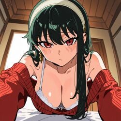 ai_generated bedroom black_hair blackmail blush breasts curvaceous_figure embarrassed female home indoors large_breasts leaning_forward no_pants obedience pov pumpkin1075 solo_female spy_x_family voluptuous white_bra yor_briar yor_forger