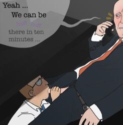 2025 2boys bald_male belt belt_buckle blue_tie blush brown_hair cecil_stedman chilly222bug desk donald_ferguson english english_text gay gay_male gay_sex glasses huff invincible invincible_(comics) invincible_(tv_series) light-skinned_male light_skin looking_at_partner looking_down looking_pleasured male male_only mature mature_male office_clothing oral oral_sex phone_call red_tie sitting sucking sucking_penis sweat sweatdrop sweating unbuckled_belt under_desk white_shirt
