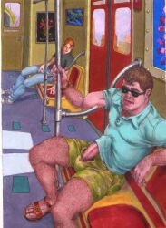 2boys brown_hair bulge erection gay ginger light_skin male male_focus male_only michael_kirwan original penis penis_out penis_through_fly sunglasses tagme traditional_art train_interior yaoi