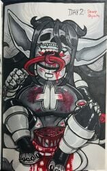 2024 5_fingers 5_toes ambiguous_gender armor armwear big_breasts big_ears biped black_text blood blood_from_neck blood_from_wound blood_in_mouth blood_on_breast blood_on_clothing blood_on_face blood_on_teeth blood_on_weapon bodily_fluids bone bone_mask breasts cleavage_cutout clothed clothed_female clothed_humanoid clothing coiling collar corpse cross cutout day_count decapitation deiirdre_(toxicsoul77) dual_wielding duo elbow_gloves english_description english_text eyes_obstructed fangs feet female fingers footwear freckles gauntlets gloves goblin gore goretober hair handwear hi_res holding_object holding_sickle holding_weapon human humanoid humanoid_pointy_ears inverted_cross larger_ambiguous larger_human legwear leotard licking_blood licking_weapon mammal mask neck_stump obscured_eyes partially_colored pointy_ears red_text sandals shin_guards shoes sickle size_difference skull skull_mask smaller_female smaller_humanoid tail tail_around_neck tail_tuft teeth text thigh_highs toeless_footwear toeless_legwear toeless_stockings toes toxicsoul77 traditional_media_(artwork) tuft tusks weapon wounded