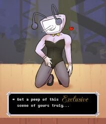 antennae bowtie bunnysuit cartoon_gloves collar crt deltarune deltarune_chapter_3 diddlesdoodles gloves grey_body grey_skin heels kneeling male musclular muscular muscular_male pantyhose stage stage_lights stage_show television television_head tenna_(deltarune) text_box tv tv_face tv_head undertale_(series)
