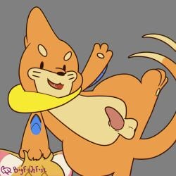 3_fingers animal_genitalia balls bigfishfost brown_markings buizel countershade_face countershade_fur countershade_legs countershade_torso countershading cute_fangs dipstick_tail domestic_cat erection facial_markings fangs felid feline felis feral fin fingers floatie fur generation_4_pokemon genitals greeting grey_background hand_on_head head_markings hi_res inner_ear_fluff looking_at_viewer male mammal markings monotone_background multi_tail multicolored_body multicolored_face nintendo open_mouth orange_body orange_fur penis pokemon pokemon_(species) simple_background simple_nose solo_focus tail tail_markings tapering_penis teeth tongue toony toony_eyes tuft white_body white_fur