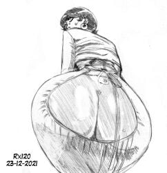 1girls 2021 2d apron ass big_ass cartoon_network clothing_cutout commentary dated dexter's_laboratory dexter's_mom earrings foreshortening from_behind hi_res leaning_forward looking_at_viewer looking_back milf monochrome perspective rx120 shirt short_hair skirt solo