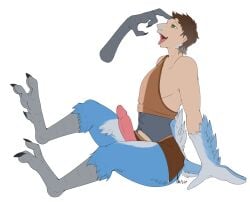 ambiguous_gender anthro avian avian_feet beak blush bottomwear bulge claw_growth claws clothed clothing clothing_lift duo erection erection_under_clothing feather_growth feathers feet foot_fetish foot_lick foot_on_face foot_play genitals green_eyes growth half_naked head_grab human humanoid kneeling licking loincloth loincloth_lift macdaracc male male/ambiguous male/male mammal mid_transformation narusewolf nintendo penis rito scuted_legs scutes sitting snout snout_growth spread_toes tenting the_legend_of_zelda toe_claws toes tongue tongue_out transformation tribal tribal_clothing winged_arms wings