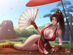 arm_support artist_name bare_shoulders blue_sky breasts brown_eyes brown_hair cleavage closed_mouth collarbone commentary commission day fatal_fury female fingernails floral_print full_body hand_fan high_ponytail highleg highleg_panties highres holding japanese_clothes large_breasts lips looking_at_viewer lying mai_shiranui ninja obi oil-paper_umbrella on_side outdoors panties parted_bangs petals ponytail red_panties revealing_clothes rope sash shiranui_mai signature simple_background sky sleeveless snk solo the_king_of_fighters thighs tomo_eokaiteru tree umbrella underwear
