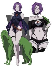 1boy 1girls bare_shoulders barefoot beast_boy canine cape curvy dc dc_comics female garfield_logan goth goth_girl grey_skin hips jean_shorts kekel leotard lizard male midriff purple_eyes purple_hair rachel_roth raven_(dc) shorts small_waist teen_titans thigh_strap thighhighs thong tight_clothing white_background