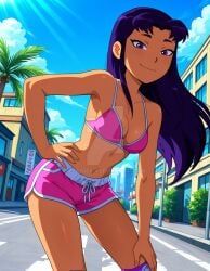 2025 ai_generated belly blackfire blackfire_(comics) cartoon_network city_background dc dc_comics dcamu dcau deviantart elryusam female grinning_at_viewer hand_on_hip hand_on_leg long_hair_female looking_at_viewer meta orange_body orange_skin pink_bikini pink_shorts purple_eyebrows purple_eyes_female purple_hair_female smile_at_viewer smiling_at_viewer sports_legwear teen_titans tummy warner_bros._animation