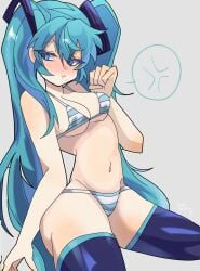 artist_signature bikini blue_eyes blue_hair curvy_figure hatsune_miku kneeling light-skinned_female light_skin perky_breasts pouting satoro301 striped_bikini thighhighs twintails vocaloid