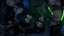 3boys 3d areolae barbara_gordon batgirl batgirl_(arkham_knight) batman:_arkham_knight batman_(series) breasts closed_eyes dc dc_comics deathhandsfm female hand_on_leg nipples partially_clothed rape red_hair ripped_clothing spread_legs vagina vaginal_penetration