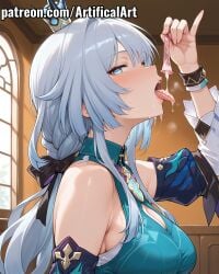 1girls ai_generated artifical_art blue_eyes blue_hair blush breasts cerydra_(honkai:_star_rail) condom crown cum cum_in_mouth drinking_cum female honkai:_star_rail honkai_(series) hoyoverse large_breasts licking licking_cum light-skinned_female light_skin long_hair mihoyo open_mouth perfect_body solo tongue_out used_condom watermark
