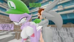 1boy 2girls anthro blaze_the_cat doggy_style feline female human luigi male male/female/female mario_(series) mtf_transformation nintendo rule_63 sega sfm silver_the_hedgehog silverknight395 sonic_(series) sonic_the_hedgehog_(series) source_filmmaker tagme threesome