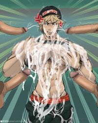5boys angry angry_expression angry_face bakugou_katsuki beanie beanie_hat blonde_hair bukkake bukkake_progression cum cum_on_abdomen cum_on_abs cum_on_arm cum_on_body cum_on_bulge cum_on_face cum_spray gangbang gay grabbing_pec grabbing_pecs male my_hero_academia penis squeeze_breast surrounded_by_penises sweatpants vikifox_(artist) yaoi