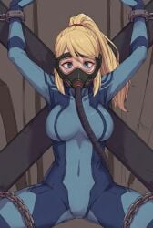 afraid ai_generated blodne_hair blonde_female blonde_hair bondage captured captured_heroine chains gas_mask restrained samus_aran zero_suit_samus