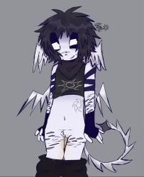 0milikezfloppaz 1nonbinary :) black_hair forsaken_(roblox) healed_scars looking_away nonbinary nonbinary_(lore) pants_down peeing peeing peeing_self pissing_self roblox scars smile smiling solo standing two_time two_time_(forsaken) urine urine wings_on_head