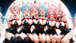 5futas 6girls ai_art ai_generated animal_ears blue_hair breast_bondage breasts cat_ears cat_girl cat_tail catgirl dickgirl female futanari happy intersex koneko konekofuta large_breasts large_penis penis pink_hair red_rope smile smiling two_tone_hair two_tone_hair_(blueandpink)
