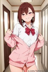 1boy ai_generated ayase_momo bottomless brown_hair cardigan dandadan earrings femboy flat_chest genderswap_(ftm) hallway indoors looking_at_viewer male naughty_face penis pink_cardigan purple_eyes red_bow_tie rule_63 school_uniform skirt solo standing tagme tehmar trap undressing