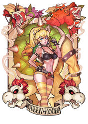 1boy 1girls arm_up black_bra bowser bra breasts collar dry_bowser female female_focus hand_on_hip long_hair male mario_(series) micro_shorts midriff nintendo oskar_vega piranha_plant ponytail princess_peach short_shorts shorts simple_background solo_focus standing thighhighs thighs tied_hair underwear white_background