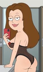 ai_generated american_dad ass bigmic145 breasts brown_hair female fishnets leotard lisa_silver long_hairsee-through nipple_pasties pasties see-through_clothes see-through_clothing selfie solo solo_female tease teasing