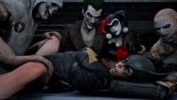 2girls 3boys 3d barbara_gordon batgirl batgirl_(arkham_knight) batman:_arkham_knight batman:_arkham_origins batman_(series) closed_eyes dc dc_comics deathhandsfm female female_focus hand_on_leg harley_quinn harley_quinn_(arkham) harley_quinn_(arkham_knight) harley_quinn_(classic) joker multiple_boys multiple_girls rape the_joker