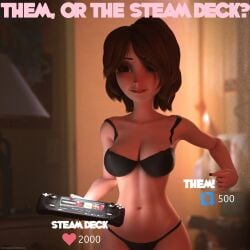 1girls aunt_cass big_hero_6 bikini bra brown_hair cass_hamada cleavage disney half-dressed half_naked lauren_holly light-skinned_female light_skin linux looking_at_viewer medium_breasts milf picket_fences_(series) reference_to_character solo steam_deck tamagosan twitter twitter_username underwear valve