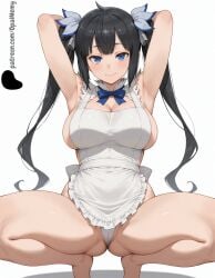 1girls ai_generated apron armpits arms_behind_head ass bangs bare_legs black_hair blue_eyes blue_ribbon blush breasts cameltoe curvy dungeon_ni_deai_wo_motomeru_no_wa_machigatteiru_darou_ka eyebrows_visible_through_hair female hair_ornament hestia_(danmachi) hi_res high_quality high_resolution highres huge_breasts large_breasts legs light light_blush light_smile lips long_hair looking_at_viewer maid maid_apron nose opal_nemy panties patreon patreon_logo patreon_url patreon_username plain_background presenting_armpit ribbon self_upload shadow shiny shiny_hair shiny_skin simple_background smile solo squatting thick_thighs thighs twintails watermark white_apron white_background white_panties