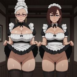 ai_generated asmodeusoni ayase_momo ayase_seiko brown_hair cleavage dandadan female maid maid_headdress maid_outfit pulling_up_skirt pussy skirt_lift thighhighs white_hair