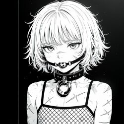 ai_generated ball_gag effectively_nude fishnets flat_chest flat_chested functionally_nude functionally_nude_female scars scars_all_over self_harm_scars slave_collar slavegirl soko_(furryroxxie) solo solo_female solo_focus