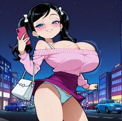 ai_generated bare_shoulders blue_eyes car cleavage eyeshadow huge_breasts looking_at_viewer makeup panties purse shortstack skirt smartphone smile stable_diffusion twintails upskirt