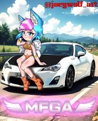 ai_assisted angel_wings blue_eyes blue_hair boots breasts_exposed car happy jade_wolfhound(joey_wolf) joey_wolf joeywolf_art joeywolf_art(artist) mf_ghost mfg_angel orange_boots orange_clothes orange_clothing orange_panties outside pink_hair pink_hair_tips simple_coloring simple_shading toyota wings wolf_ears wolf_girl wolf_tail