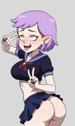 ahe_gao ai_generated amity_blight big_ass big_breasts blush double_v female female_only huge_ass huge_breasts legitimate purple_hair school_uniform schoolgirl short_hair solo solo_female the_owl_house yellow_eyes