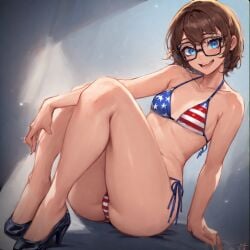 ai_generated american_flag_bikini bikini black blue_eyes breasts brown_hair female glasses kt_(real_kt) pussy self_insert self_upload shaven short_hair small small_nipples solo topless