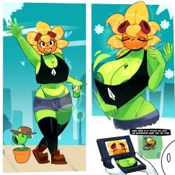 background big_breasts breast_focus chicharito cleavage cowboy_hat electronic_arts flora_fauna freckles happy hotpants huge_breasts mckeyes monster_girl nintendo_ds nipple_slip nipples outside peashooter_(pvz) plant plant_girl plant_humanoid plants_vs_zombies plants_vs_zombies:_heroes plants_vs_zombies_ds popcap_games pvz shirt_lift shorts solar_flare_(pvz) sunflower_(pvz) sweat sweaty text thick_thighs tight_clothing tired_expression