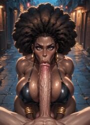 70's_theme :>= afro ai_generated alleyway anonymous_male athletic_female ayana_starr balls big_lips big_penis black_leotard blowjob blowjob_face breasts brown_eyes bwc cleavage curvy_female dark-skinned_female dark-skinnedsub dark_skin drooling_on_penis female gold_jewelry high_quality highres huge_breasts interracial kneeling_blowjob light-skinned_male looking_at_viewer male male_out_of_frame moonchild41 muscular muscular_male nipple_bulge original_character penis pov_blowjob promptchan.ai sweat thick_thighs white_cock wide_hips