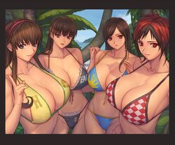 4girls barely_clothed beach bikini breasts brown_hair cleavage dead_or_alive female_only hitomi_(doa) huge_breasts ibanen kokoro_(doa) lei_fang mila_(doa) multiple_girls outdoors outside palm_tree red_hair seaside selfie summer swimsuit