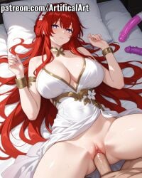 1boy ai_generated artifical_art blush bracelet clitoris dildo female hair_ornament honkai:_star_rail honkai_(series) hoyoverse jewelry light-skinned_female light_skin long_hair mihoyo missionary_position missionary_sex penis penis_in_pussy perfect_body purple_eyes pussy pussy_juice red_hair sex sex_toy spread_legs tribios_(honkai:_star_rail) vaginal_penetration vaginal_sex