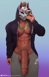 1boy blonde_hair chains drift_(fortnite) foreskin fortnite fortnite:_battle_royale hoodie jewlery male necklace nike penis phone photobashing piercing piercing_nipples piercings pubes selfie shaved_crotch shaved_pubes simple_background solo taking_picture uncircumcised uncut uncut_cock uncut_penis vikifox_(artist)