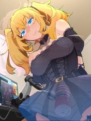 2025 ai ani_(twitter) auto_masturbator big_breasts blonde_female blonde_hair blue_eyes breasts comedic comedy computer computer_monitor female funny goth gothic grok_(x) grok_(xai) hologram imminent_masturbation khyleri looking_at_viewer meme onahole sex_toy smile smiling smiling_at_viewer thick_thighs twitter twitter_link twitter_username