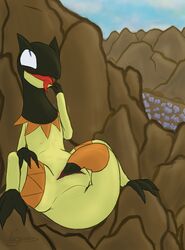 2019 animal_genitalia ass blue_eyes cloaca cloacal_masturbation detailed_background feet female feral flat_chest heliolisk horizontal_cloaca looking_up masturbation mountain nintendo no_nipples outdoors penetration pokémon_(species) pokemon pokemon_xy rock scalie slit solo spread_legs tail tail_insertion text trembling vaginal_masturbation vaginal_penetration vagoncho video_games watermark wet yellow_skin