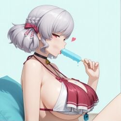 ai_generated bell bikini breasts choker female french_braid frilled_bikini girls'_frontline girls'_frontline_2:_exilium grey_hair huge_breasts kao140522 licking licking_popsicle popsicle popsicle_dripping red_eyes sabrina_(girls'_frontline_2) seductive_look spas-12_(girls'_frontline) sucking sucking_popsicle tongue underboob vacuum_suck