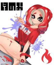 1girls artist_name black_eyes black_shorts blush bracelet breasts curly_hair dolphin_shorts female female_focus ink large_breasts light-skinned_female light_skin looking_at_viewer nintendo norishiitsu octoling octoling_girl pokeball pokemon red_hair red_shirt seiza shirt short_hair shorts solo solo_female solo_focus splatfest splatoon splatoon_3 tentacle_hair thick_thighs thighs twitter_link