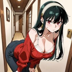 ai_generated black_hair breasts curious curvaceous_figure female hand_on_thigh home indoors large_breasts leaning_forward pumpkin1075 solo_female spy_x_family white_bra yor_briar yor_forger